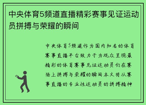 中央体育5频道直播精彩赛事见证运动员拼搏与荣耀的瞬间