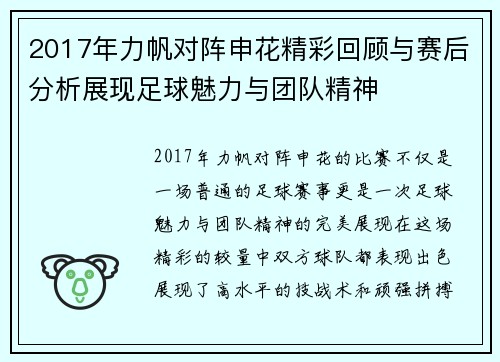 2017年力帆对阵申花精彩回顾与赛后分析展现足球魅力与团队精神